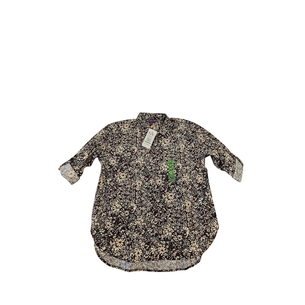Gloria Vanderbilt Amanda Shirt Delicate Daisies Black Floral Roll-Tab Sleeve L